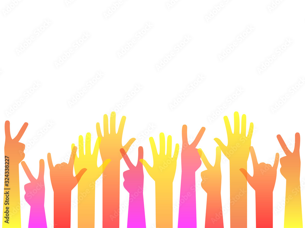Hands up, Cultural Diversity Day illustration card of diverse human hands united for social freedom and peace isolated, poster.