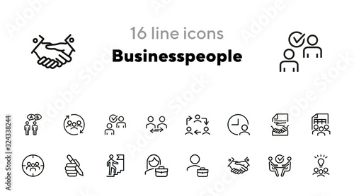 Businesspeople line icon set. Interview, handshake, businessman. Business concept. Can be used for topics like startup, dealing, management, leadership