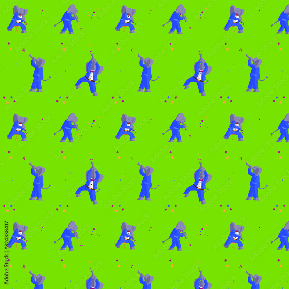 Elephant pattern the musician plays with his trunk like a saxophone on a green background Elephant pattern the musician plays with his trunk like a saxophone on a green background