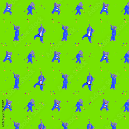 Elephant pattern the musician plays with his trunk like a saxophone on a green background 
