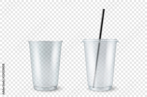 Vector Realistic 3d Empty Clear Plastic Opened, Closed Disposable Cup with Straw Set Closeup Isolated on Transparent Background. Design Template of Milkshake, Tea, Juice Packaging Mockup for Graphics