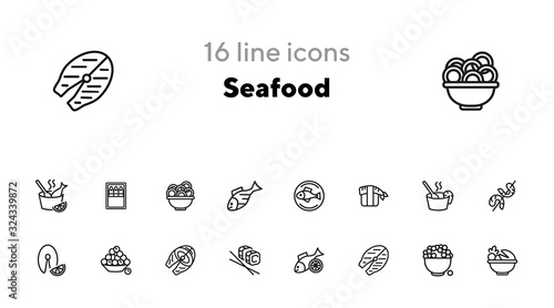 Seafood line icon set. Salmon steak, caviar, sushi. Food concept. Can be used for topics like restaurant menu, Japanese cuisine, meal