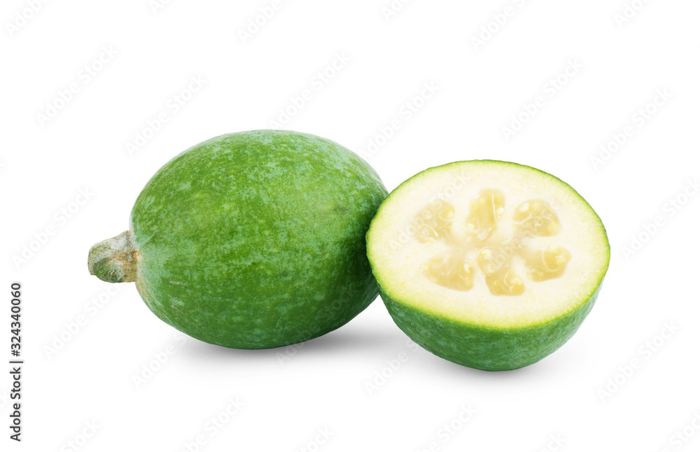 Green feijoa fruits isolated on white background. Fruits of feijoa on a white background. Tropical fruit feijoa isolated on white background Green feijoa fruits isolated on white background. Fruits of feijoa on a white background. Tropical fruit feijoa isolated on white background