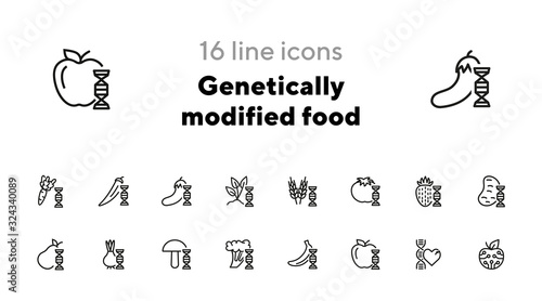 Genetically modified food line icon set. Gene, vegetable, fruit. Food concept. Can be used for topics like biotechnology, agriculture, food industry