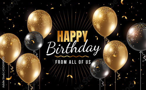 Vector happy birthday illustration with 3d realistic golden air balloon on black background with text and glitter confetti.