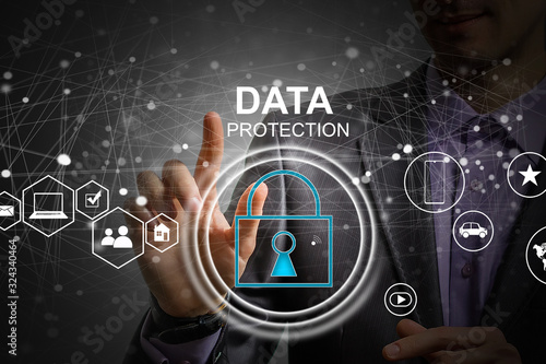 Data protection privacy concept. GDPR. EU. Cyber security network. Business man protecting his data personal information. Padlock icon and internet technology networking connection on virtual screen.