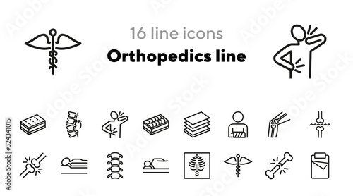 Orthopedics line icons. Set of line icons. Broken bone, caduceus, insomnia. Orthocare concept. Vector illustration can be used for topics like treatment, surgery