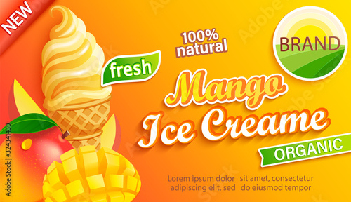 Mango Ice cream logo label, emblem, sticker with slice fruit and fresh organic sundae in cone in cartoon style for your design.Template for banner,poster,brand,packaging,packing. Vector illustration.