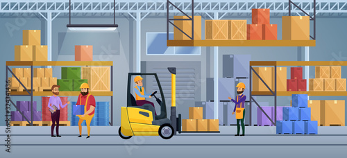 Warehouse interior vector illustration. Inside factory working process. Packaging freight, weight and goods delivering. Loader truck with box. Logistic distribution company service concept
