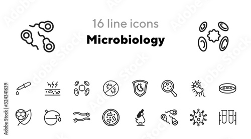 Microbiology icon. Set of line icon on white background. Laboratory equipment, cell, bacterium. Exploration concept. Vector illustration can be used for topics like biology, science, research