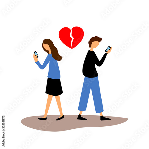 Man and woman holding smartphone. Couple obsessed with mobile phone, relationship crisis. A broken red heart above their heads. Gadget addiction flat vector illustration.