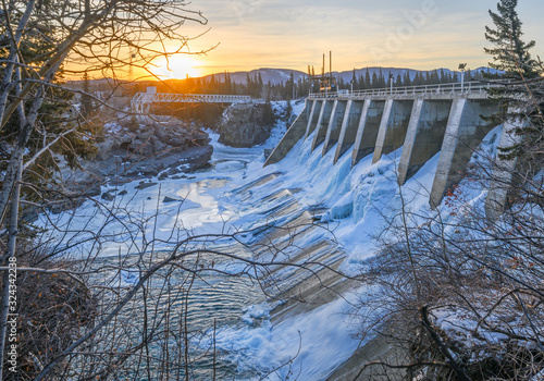 Winter view of the Seebe hydroelectric dam near Exshaw, Alberta, Canada