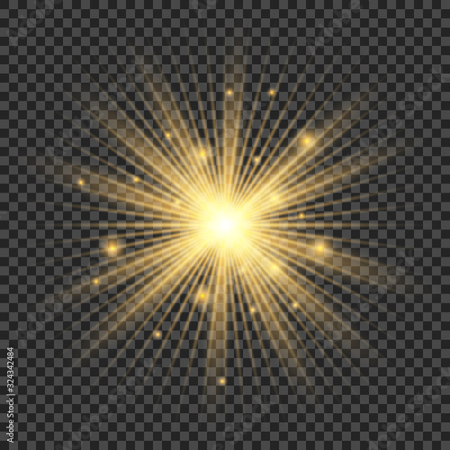 Abstract golden front sun lens flare translucent special light effect design. Vector blur in motion glow glare. Isolated transparent background.