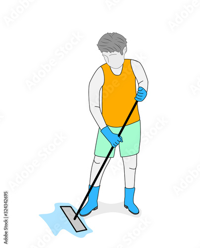a man with a mop washes the floors. cleaning concept. vector illustration.