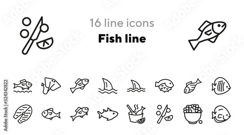 Fish line icons. Set of line icons. Aquarium fish, caviar, flounder. Fish concept. Vector illustration can be used for topics like cooking, marketing, water life