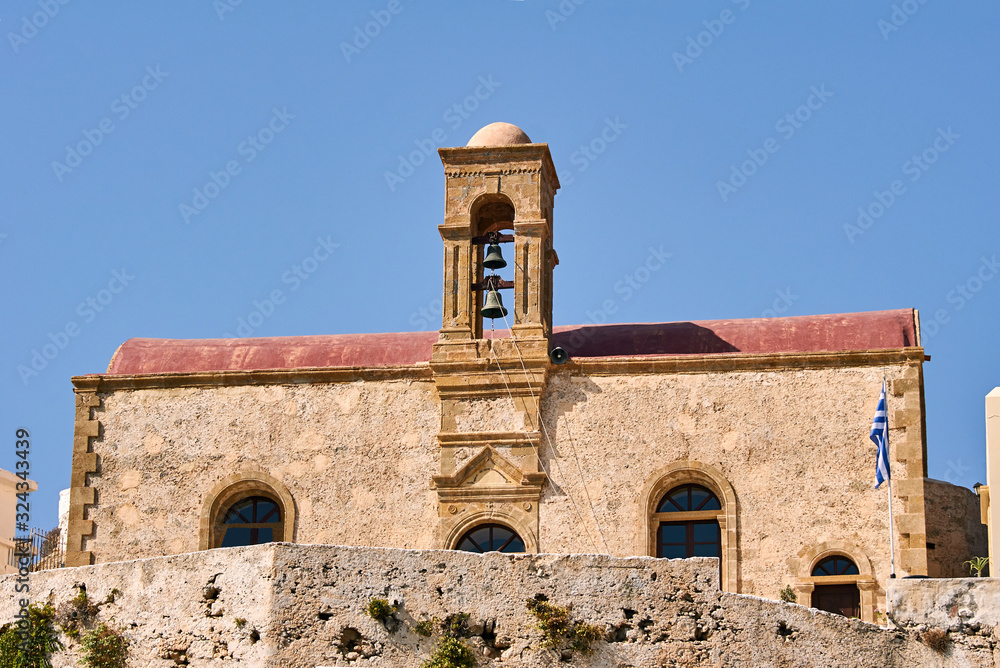 Orthodox monastery with belfry on the island of Crete.