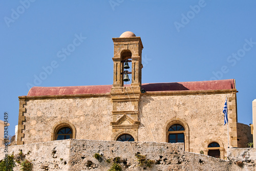 Orthodox monastery with belfry on the island of Crete.