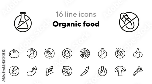 Organic food line icon set. Vegetable, gluten free, lactose free. Food concept. Can be used for topics like healthy nutrition, diet, fresh food