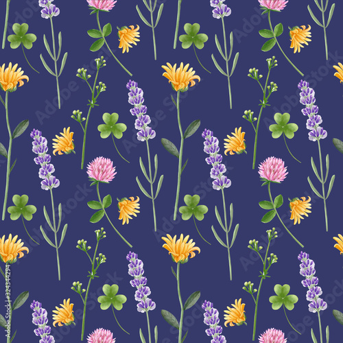 pattern with meadow flowers on a blue background. multi-colored flowers of lavender, daisy and clover.