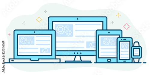 Responsive web design. Landing page is open on different devices: laptop, computer, tablet, smartphone and smart watch.