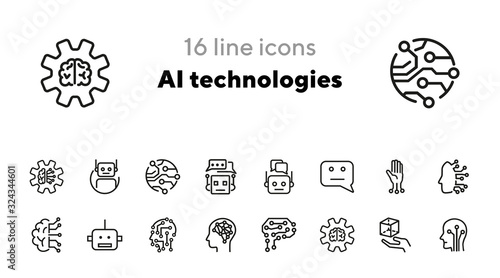 AI technologies line icon set. Brain, bot, algorithm, circuit board. Artificial intelligence concept. Can be used for topics like science, robotics, machine learning