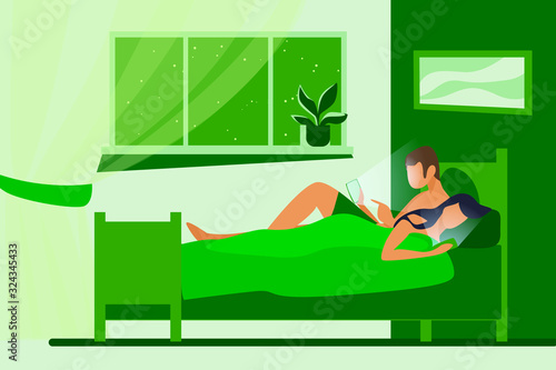 Couple lying in bed and using mobile phones. Gadget and internet addicted users flat vector illustration. Addiction, unhealthy habit, sleepless concept for banner, website design or landing web page