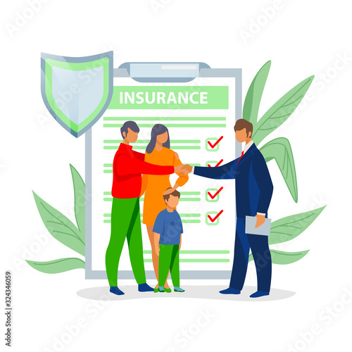 Father shaking hands with insurance agent. Family life insurance flat vector illustration. Insurance concept for banner, website design or landing web page