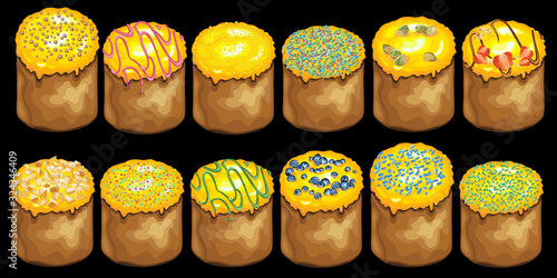 Set of Easter cakes with toppings. Traditional Easter holiday baked food. Vector Illustration