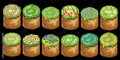 Set of Easter cakes with toppings. Traditional Easter holiday baked food. Vector Illustration
