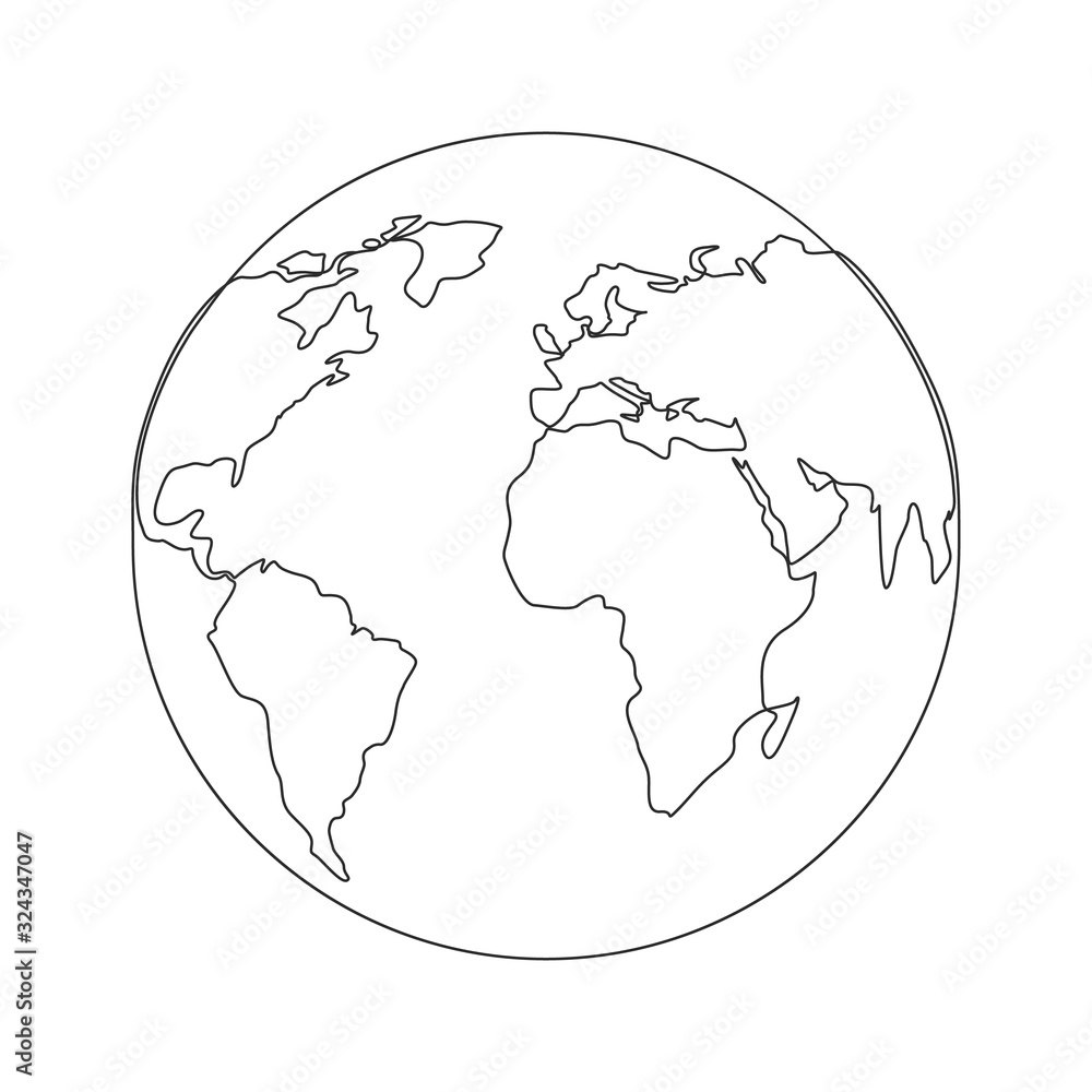 Map on globe one line drawing on white isolated background. Abstract outline of the continents. Vector illustration