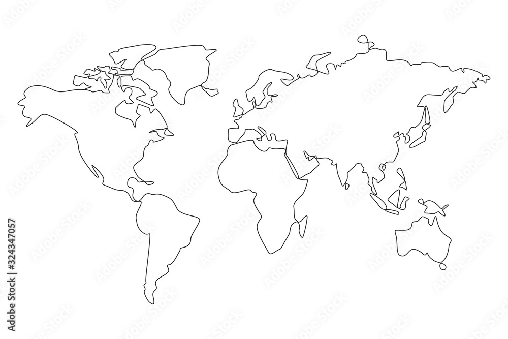 Map one line drawing on white isolated background. Abstract outline of the continents. Vector illustration Map one line drawing on white isolated background. Abstract outline of the continents. Vector illustration
