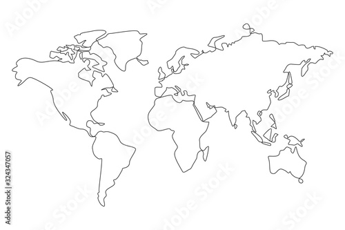 Map one line drawing on white isolated background. Abstract outline of the continents. Vector illustration