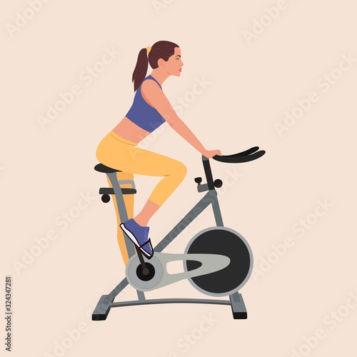 Woman doing exercise on an exercise bike. Flat style. Vector illustration 