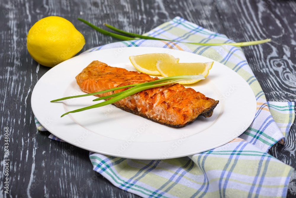 Grilled salmon with green onion and lemon Grilled salmon with green onion and lemon
