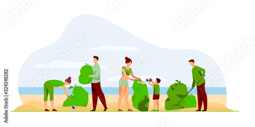 Eco volunteers cleaning sea or ocean beach from garbage. People, family with child collecting trash and sorting waste outdoors. Vector illustration for ecology, planet, nature