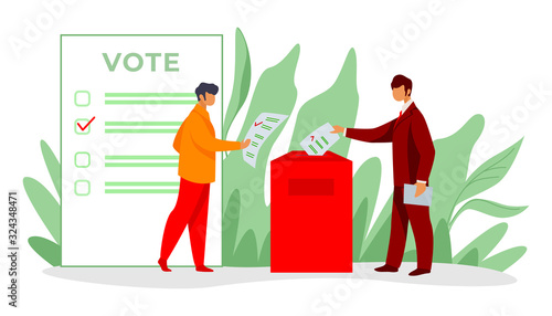 Voters inserting forms into ballot boxes. Presidential, congress, government election flat vector illustration. Democracy, poll, campaign concept for banner, website design or landing web page