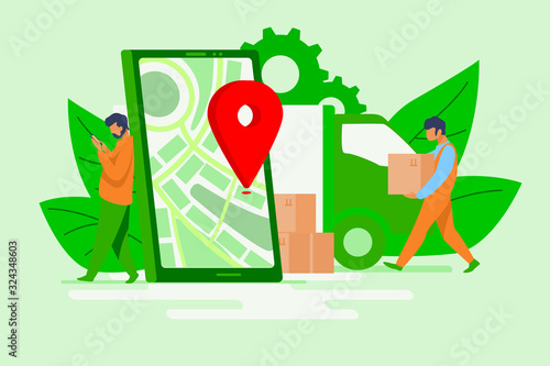 Delivery man and recipient who leaning on smartphone with pin. Door to door delivery by courier flat vector illustration. Delivery service concept for banner, website design or landing web page