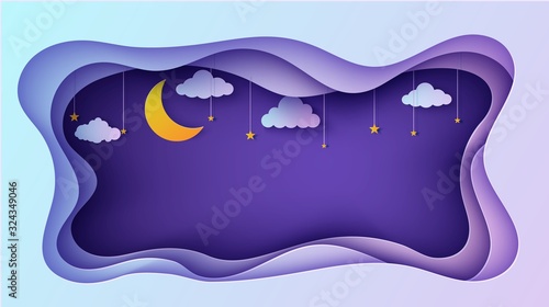 Night sky rectangular frame with stars and clouds on rope and moon crescent in paper cut style. Cut out 3d background papercut art, fairy tale vector card illustration for wish good night sweet dreams