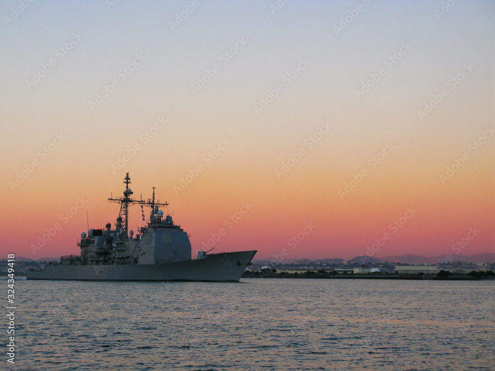 Naval ship during sunset