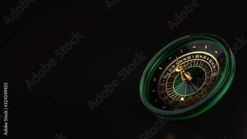 Modern Green And Golden Roulette Wheel. Casino Gambling Concept - 3D Illustration