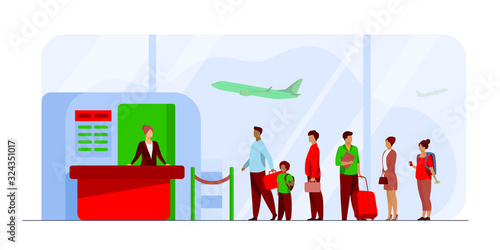 Airport queue vector illustration. Line of tourists standing at check in desk. Flight passengers waiting for boarding to plane in departure area