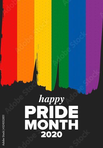 LGBT Pride Month in June. Lesbian Gay Bisexual Transgender. Celebrated annual. LGBT flag. Rainbow love concept. Human rights and tolerance. Poster, card, banner and background. Vector ilustration