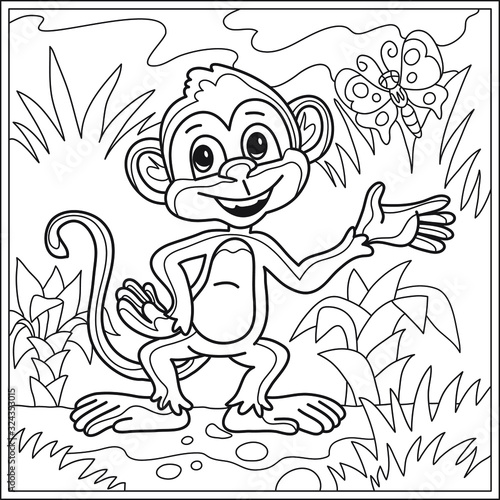 stylization of a monkey, cuddles on the grass against the background of the forest,, for coloring for adults and children, t-shirts with a picture, a poster, etc.