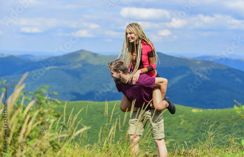 Romantic feelings. happy to be together. couple in love. Family relationship. best romantic date. Valentines day. sense of freedom. Traveling couple have fun. man and woman in mountains © be free