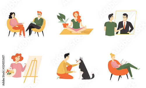 Set of cute people caring about their mental health. Practicing psychotherapy, meditation, art therapy, affirmation, read books and communicate with animals. Vector flat cartoon illustration