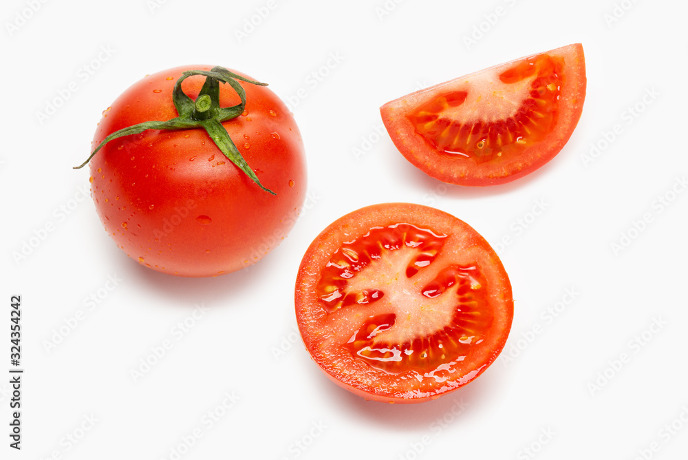 Fresh tomato and slices isolated on white background Fresh tomato and slices isolated on white background