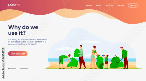 Eco volunteers cleaning sea or ocean beach from garbage. People, family with child collecting trash and sorting waste outdoors. Vector illustration for ecology, planet, nature