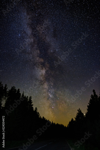 Milky Way stars in the sky over a forest road. Night landscape photographed with a long exposure.