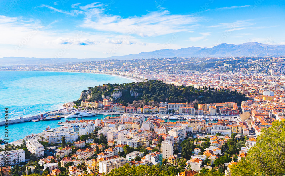 scenery panoramic aerial cityscape view of Nice, France. Landscape of harbor, port in Nice. Cote d'Azur France. Luxury resort of French riviera