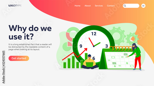 Timing and project scheduling. Managers working near calendar with marks and clock flat vector illustration. Time management, deadline concept for banner, website design or landing web page